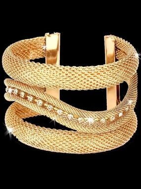 Mesh Swirl Pave set Crystal cz rhinestone Bangle Cuff Statement Bracelet Gold
